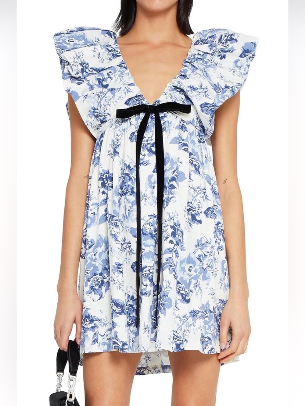 Blue and White Floral Ruffle Tie-Front Mini Dress
